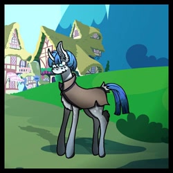 Size: 768x768 | Tagged: safe, alternate version, artist:shadow heart, stygian, pony, unicorn, g4, building, cloak, clothes, freckles, male, outdoors, solo, stallion