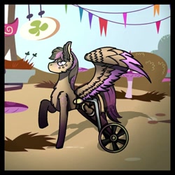 Size: 768x768 | Tagged: safe, alternate version, artist:shadow heart, stellar eclipse, pegasus, pony, g4, chest fluff, ear fluff, freckles, male, outdoors, raised hoof, solo, stallion, wheelchair