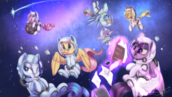 Size: 1920x1080 | Tagged: safe, artist:sketchiix3, applejack, fluttershy, pinkie pie, rainbow dash, rarity, spike, twilight sparkle, alicorn, dragon, earth pony, pegasus, pony, unicorn, g4, asteroid, astronaut, astronaut pinkie, book, eyes closed, facial hair, female, frog (hoof), galaxy, ink, inkwell, male, mane seven, mane six, mare, moustache, open mouth, paper, ponies in space, quill, shooting star, space, space helmet, spacesuit, stars, twilight sparkle (alicorn), underhoof, winged spike, wings, zero gravity
