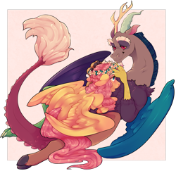 Size: 2693x2620 | Tagged: safe, artist:stariitea, discord, fluttershy, draconequus, pegasus, pony, g4, chest fluff, cloven hooves, cuddling, cute, discute, female, floppy ears, floral head wreath, flower, high res, lying on top of someone, male, mare, open mouth, partially transparent background, semi-transparent, ship:discoshy, shipping, shyabetes, simple background, smiling, spread wings, straight, transparent background, underhoof, wings
