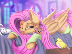Size: 1600x1200 | Tagged: safe, artist:sketchiix3, angel bunny, fluttershy, bird, pegasus, pony, g4, angelbetes, bed, bed mane, bedside stand, clothes, cute, detached sleeves, duo, ear fluff, female, folded wings, indoors, lidded eyes, looking at someone, mare, morning ponies, music notes, on bed, one eye closed, prone, shyabetes, sleepy, socks, teddy bear, three quarter view, wings