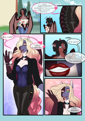 Size: 3472x4911 | Tagged: safe, artist:blackblood-queen, oc, oc only, oc:brigadeiro drizzle, oc:dusk flame, oc:lady lovegreen, dracony, dragon, hybrid, pegasus, pony, anthro, unguligrade anthro, comic:be there, anthro oc, breasts, comic, crossdressing, dialogue, digital art, drag queen, fake breasts, fangs, female, leonine tail, lipstick, male, mare, pegasus oc, speech bubble, waving, wings