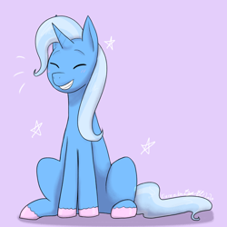 Size: 4000x4000 | Tagged: safe, artist:eurazba, trixie, pony, unicorn, g4, absurd resolution, colored hooves, cute, diatrixes, eyes closed, female, grin, mare, purple background, simple background, sitting, smiling, solo, stars