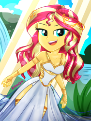 Size: 1800x2400 | Tagged: safe, artist:artmlpk, sunset shimmer, equestria girls, g4, adorable face, adorasexy, alternate hairstyle, armlet, bare shoulders, beautiful, breasts, cleavage, clothes, crown, cute, design, dress, female, goddess, greek, greek clothes, greek goddess, jewelry, looking at you, ocean, open mouth, outfit, plant, regalia, sexy, shimmerbetes, sleeveless, smiling, smiling at you, solo, sunflare, sunset shimmer is god, topless, water, waterfall, watermark