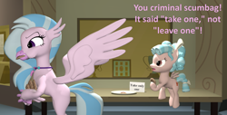 Size: 1920x978 | Tagged: safe, artist:red4567, cozy glow, silverstream, pony, g4, 3d, atg 2020, cookie, even evil has standards, food, gluttony, greedy, newbie artist training grounds, pure unfiltered evil, quotes, source filmmaker, this will end in colic, this will end in weight gain