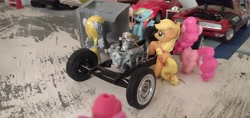 Size: 3264x1546 | Tagged: safe, apple bloom, applejack, derpy hooves, pinkie pie, rainbow dash, pony, g4, blind bag, chassis, engine, everfree customs, female, garage, i just don't know what went wrong, irl, mechanic, oops my bad, photo, pontiac gto, toy, v8, volkswagen beetle