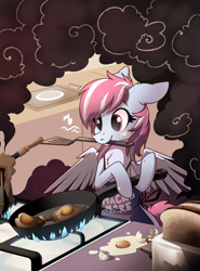 Size: 1401x1893 | Tagged: safe, artist:28gooddays, oc, oc only, oc:evening skies, pegasus, pony, bread, burned food, burnt, commission, cooking, egg, food, fried egg, frying pan, lethal chef, mouth hold, smoke, solo, spatula, stove, toast, toaster, ych result