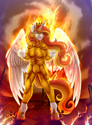 Size: 2940x3987 | Tagged: artist needed, safe, oc, oc only, oc:king phoenix, alicorn, anthro, unguligrade anthro, alicorn oc, armor, fire, high res, horn, male, male alicorn oc, solo, wings