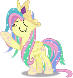 Size: 2886x3083 | Tagged: safe, artist:anime-equestria, fluttershy, alicorn, pony, g4, alicornified, alternate hairstyle, cosplay, costume, crown, eyes closed, flutterbeautiful, fluttercorn, gem, happy, high res, hoof shoes, horn, implied princess celestia, jewelry, race swap, regalia, shylestia, simple background, smiling, solo, sparkles, transparent background, vector, wings