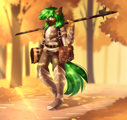Size: 4000x3760 | Tagged: safe, artist:airiniblock, oc, oc only, oc:jaeger sylva, earth pony, anthro, rcf community, armor, autumn, glasses, halberd, male, solo, weapon