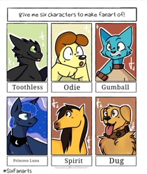 Size: 1077x1275 | Tagged: safe, artist:catmint1354, princess luna, alicorn, dog, dragon, horse, pony, anthro, g4, :o, :p, anthro with ponies, bust, chest fluff, clothes, collar, crossover, dug, ethereal mane, female, garfield, gumball watterson, how to train your dragon, male, mare, odie, open mouth, peytral, six fanarts, spirit (character), starry mane, the amazing world of gumball, tongue out, toothless the dragon, up (movie)