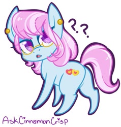 Size: 655x688 | Tagged: safe, artist:esmeia, oc, oc only, oc:shortstack, earth pony, pony, chibi, ear piercing, earth pony oc, female, glasses, looking back, mare, piercing, question mark, simple background, solo, white background