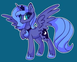 Size: 1280x1045 | Tagged: safe, artist:plethxra, princess luna, alicorn, pony, g4, blue background, chest fluff, crown, ear fluff, female, jewelry, looking at you, mare, regalia, s1 luna, simple background, smiling, spread wings, style emulation, wings