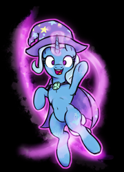 Size: 1297x1800 | Tagged: safe, artist:thehuskylord, trixie, pony, unicorn, g4, belly button, black background, cape, clothes, female, happy, hat, horn, levitation, magic, no pupils, simple background, solo, telekinesis