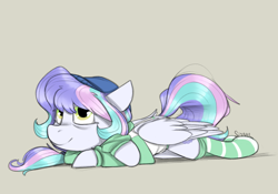 Size: 1000x700 | Tagged: safe, artist:sinrar, oc, oc only, oc:pixel moon, pegasus, pony, clothes, cute, looking at you, lying down, simple background, sketch, socks, solo, striped socks, tired