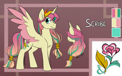 Size: 1280x800 | Tagged: safe, artist:cosmalumi, oc, oc only, oc:scribe, alicorn, pony, alicorn oc, horn, reference sheet, solo, wings