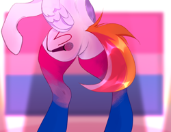 Size: 918x708 | Tagged: safe, artist:glimiros, oc, oc only, oc:heart throb (ice1517), pegasus, pony, bipedal, bisexual pride flag, butt, clothes, commission, featureless crotch, flank, male, multicolored hair, plot, pride, pride flag, pride socks, raised hoof, socks, solo, stallion, striped socks, ych result