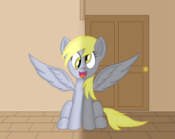 Size: 1695x1352 | Tagged: safe, artist:notadeliciouspotato, derpy hooves, pegasus, pony, g4, atg 2020, door, female, mare, newbie artist training grounds, open mouth, sitting, smiling, solo, spread wings, wings