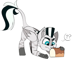 Size: 1323x1058 | Tagged: safe, artist:taaffeiite, derpibooru exclusive, oc, oc only, oc:caibre, pony, bread, commission, confused, food, leonine tail, male, question mark, simple background, solo, stallion, transparent background, zebra hybrid