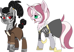 Size: 2523x1762 | Tagged: safe, artist:taaffeiite, derpibooru exclusive, oc, oc only, pony, unicorn, zebra, clothes, commission, duo, ear piercing, earring, female, headset, jacket, jewelry, leather jacket, mare, open mouth, piercing, simple background, transparent background, zebra oc