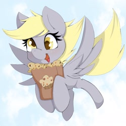 Size: 2048x2048 | Tagged: safe, artist:zokkili, derpy hooves, pegasus, pony, g4, cloud, cute, derpabetes, female, flying, food, high res, mare, muffin, open mouth, paper bag, sky, solo, spread wings, that pony sure does love muffins, wings