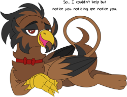 Size: 3076x2350 | Tagged: safe, artist:taaffeiite, derpibooru exclusive, oc, oc only, oc:dj axel rod, griffon, bowtie, colored wings, colored wingtips, commission, dialogue, griffon oc, high res, leonine tail, looking at you, male, prone, rango, simple background, solo, transparent background, white outline