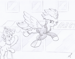 Size: 3000x2340 | Tagged: safe, artist:xeviousgreenii, spitfire, pony, g4, atg 2020, clothes, ear piercing, earring, high res, hoodie, jewelry, monochrome, newbie artist training grounds, piercing, purse, stealing, traditional art