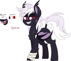 Size: 1538x1320 | Tagged: safe, artist:taaffeiite, derpibooru exclusive, oc, oc only, oc:sylvia, bat pony, vampire bat pony, bandage, bandaged hoof, bat pony oc, bat wings, character design, commission, long fangs, reference sheet, scar, scarred, sharp teeth, simple background, tail wrap, teeth, text, transparent background, wings