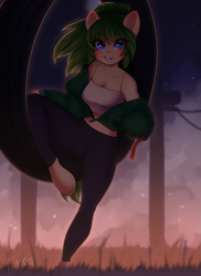 Size: 2915x4000 | Tagged: safe, artist:yuozka, oc, oc only, oc:oasis, anthro, anthro oc, blue eyes, clothes, commission, female, flowing hair, green hair, jacket, pants, relaxing, ych result