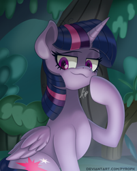 Size: 700x872 | Tagged: safe, artist:pyropk, mean twilight sparkle, alicorn, pony, g4, female, folded wings, forest, hoof on cheek, lidded eyes, mare, smiling, smug, solo, tree, wings