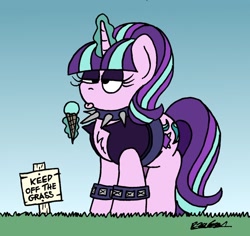 Size: 1024x966 | Tagged: safe, artist:bobthedalek, starlight glimmer, pony, unicorn, g4, belt, choker, clothes, edgelight glimmer, eyeshadow, female, first world anarchist, food, fuck the police, ice cream, jacket, keep off the grass, levitation, magic, makeup, mare, pure unfiltered evil, rule breaking, sign, spiked choker, teenage glimmer, telekinesis, thug life, tongue out