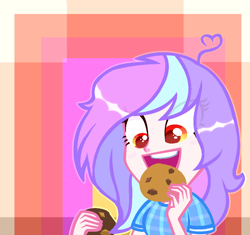 Size: 986x925 | Tagged: safe, artist:mint-light, oc, oc only, equestria girls, g4, abstract background, bust, clothes, cookie, eating, female, food, open mouth, smiling, solo
