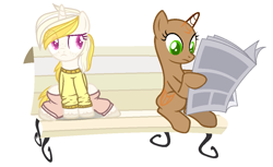 Size: 1099x671 | Tagged: safe, artist:mint-light, oc, alicorn, pony, unicorn, g4, alicorn oc, bald, base, bench, clothes, duo, eye clipping through hair, eyelashes, female, freckles, horn, mare, newspaper, reading, simple background, sitting, transparent horn, transparent wings, unicorn oc, white background, wings