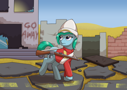 Size: 3508x2480 | Tagged: safe, artist:mkogwheel, oc, oc only, oc:short chamber, earth pony, pony, british army, city, clothes, commission, desert, deserted, gun, high res, martini henry, rifle, solo, uniform, weapon