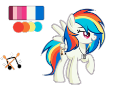 Size: 1844x1400 | Tagged: safe, artist:mint-light, dj pon-3, rainbow dash, vinyl scratch, oc, oc only, oc:windy heart, pegasus, pony, g4, eyelashes, female, fusion, jewelry, mare, music notes, necklace, open mouth, raised hoof, red eyes, reference sheet, simple background, smiling, solo, transparent background