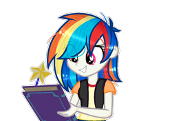 Size: 1020x720 | Tagged: safe, artist:mint-light, oc, oc only, oc:windy heart, equestria girls, g4, book, clothes, equestria girls-ified, eye clipping through hair, female, grin, simple background, smiling, solo, transparent background, vest