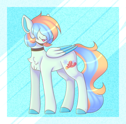 Size: 3102x3065 | Tagged: safe, artist:tuzz-arts, oc, oc only, oc:cool ginger, pegasus, pony, blue background, chest fluff, choker, colored hooves, colored wings, femboy, hair over eyes, high res, lipstick, male, multicolored hair, nonbinary, simple background, solo, tongue out, trap, wings