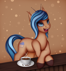 Size: 1332x1446 | Tagged: safe, artist:batsdisaster, oc, oc only, earth pony, pony, vampire, vampony, antennae, coffee, cup, fangs, female, looking at you, mare, race swap, solo, table