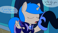 Size: 1920x1080 | Tagged: safe, artist:spritepony, nightmare moon, oc, oc:sprite, alicorn, pony, g4, alicorn oc, alternate hairstyle, alternate universe, castle of the royal pony sisters, eyes closed, holding hooves, horn, newbie artist training grounds, speech bubble, talking, wings