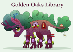 Size: 2785x2000 | Tagged: safe, artist:pink-pone, part of a set, bee, building pony, insect, object pony, original species, plant pony, pony, tree pony, beehive, book, glasses, golden oaks library, high res, leaf, ponified, ponified building, species swap, telescope, tree, window