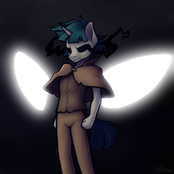 Size: 2000x2000 | Tagged: safe, artist:ohemo, pony of shadows, stygian, unicorn, anthro, g4, atg 2020, blank eyes, clothes, glowing eyes, high res, male, newbie artist training grounds, pants, solo