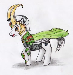 Size: 1919x1984 | Tagged: safe, artist:40kponyguy, derpibooru exclusive, oc, oc only, oc:zoomer, pegasus, pony, cape, clothes, cosplay, costume, loki, male, marvel, pegasus oc, requested art, simple background, solo, stallion, traditional art, wings