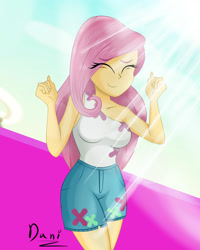 Size: 2800x3500 | Tagged: safe, artist:danielitamlp, fluttershy, equestria girls, g4, my little pony equestria girls: better together, breasts, busty fluttershy, clothes, crepuscular rays, cute, eyes closed, female, high res, shorts, shyabetes, signature, smiling, solo