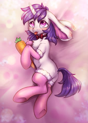 Size: 1852x2600 | Tagged: safe, artist:zefirka, oc, oc only, oc:lapush buns, bunnycorn, pony, unicorn, abstract background, bowtie, bunny ears, carrot, clothes, cute, food, male, socks, solo, stallion, stockings, thigh highs, tongue out, underhoof