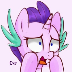 Size: 2000x2000 | Tagged: safe, artist:handgunboi, starlight glimmer, dracony, dragon, hybrid, pony, unicorn, g4, dragonified, female, glimmerdragon, high res, hooves, hooves on face, open mouth, shocked expression, shrunken pupils, simple background, solo, species swap