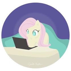 Size: 2000x2000 | Tagged: safe, artist:jalapenoflower, fluttershy, pegasus, pony, g4, atg 2020, bed, blanket, computer, female, high res, laptop computer, mare, newbie artist training grounds, prone, simple background, solo, white background