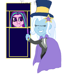 Size: 1280x1567 | Tagged: safe, artist:horroraceman93, aria blaze, trixie, equestria girls, g4, arixie, assistant, cape, clothes, duo, female, lesbian, magic box, pride month, shipping, simple background, transparent background