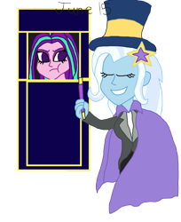 Size: 1280x1567 | Tagged: safe, artist:horroraceman93, aria blaze, trixie, equestria girls, g4, assistant, cape, clothes, duo, female, lesbian, magic box, pride month, ship:arixie, shipping, simple background, transparent background