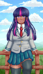 Size: 2495x4305 | Tagged: safe, artist:mylittleyuri, twilight sparkle, human, g4, clothes, crossover, dark skin, digital art, ear piercing, earring, female, fence, humanized, jewelry, my hero academia, piercing, school uniform, socks, solo, thigh highs