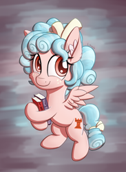 Size: 1100x1500 | Tagged: safe, artist:litrojia, cozy glow, pegasus, pony, abstract background, atg 2020, book, cheek fluff, cozybetes, cute, ear fluff, female, filly, looking at you, newbie artist training grounds, niccolò machiavelli, red eyes, smiling, solo, spread wings, sun tzu, the art of war